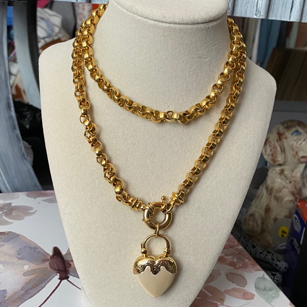 Joan Rivers Gold Double Chain Necklace with Cream Heart Pendant